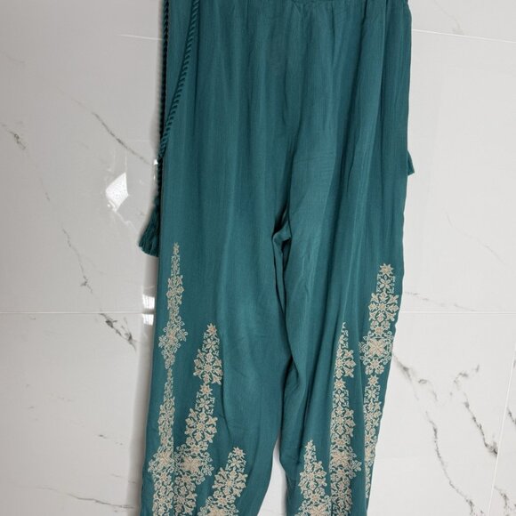 NWT Sundance "Spice Route" Embroidered Wide Leg Viscose Pants Sz M Teal $118 - Picture 12 of 15